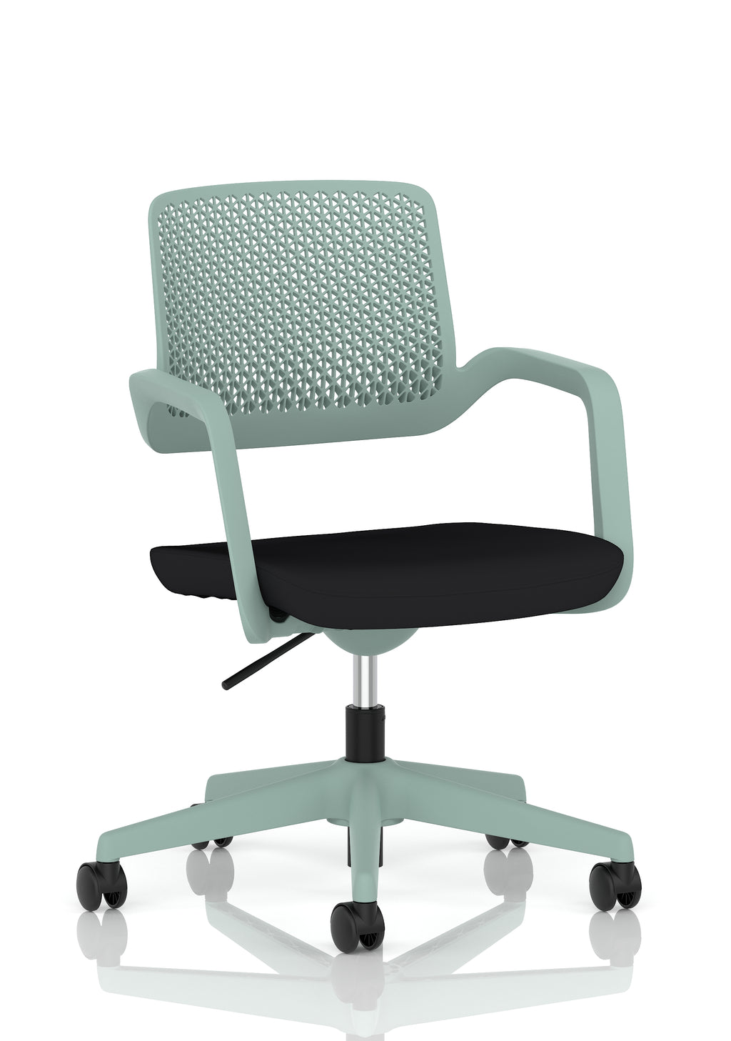 A modern black and green mesh office chair with armrests, a padded seat, and a five-wheel base, shown on a clean white background with a subtle reflection.