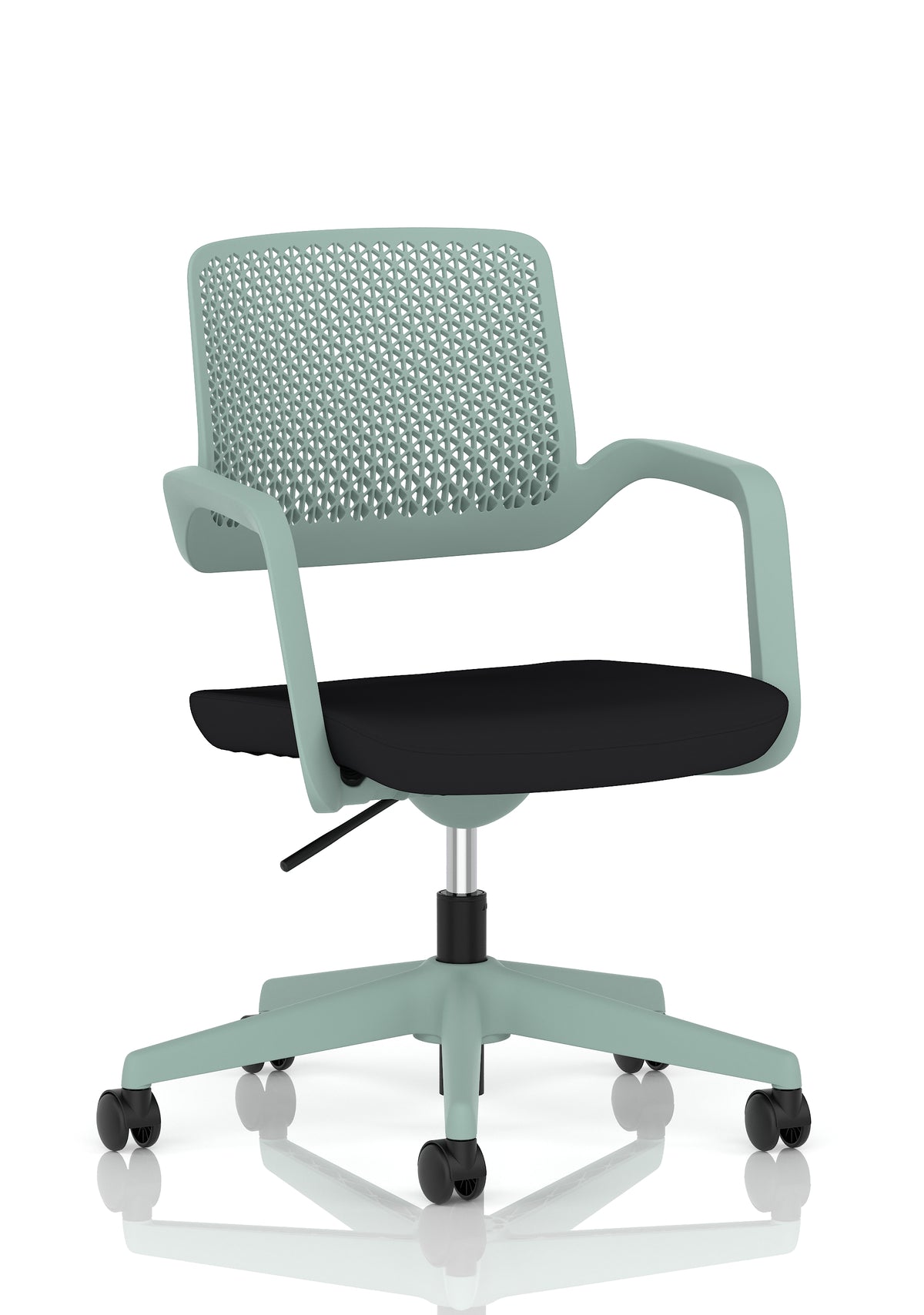 A modern black and green mesh office chair with armrests, a padded seat, and a five-wheel base, shown on a clean white background with a subtle reflection.