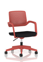 A modern black and red mesh office chair with armrests, a padded seat, and a five-wheel base, shown on a clean white background with a subtle reflection.