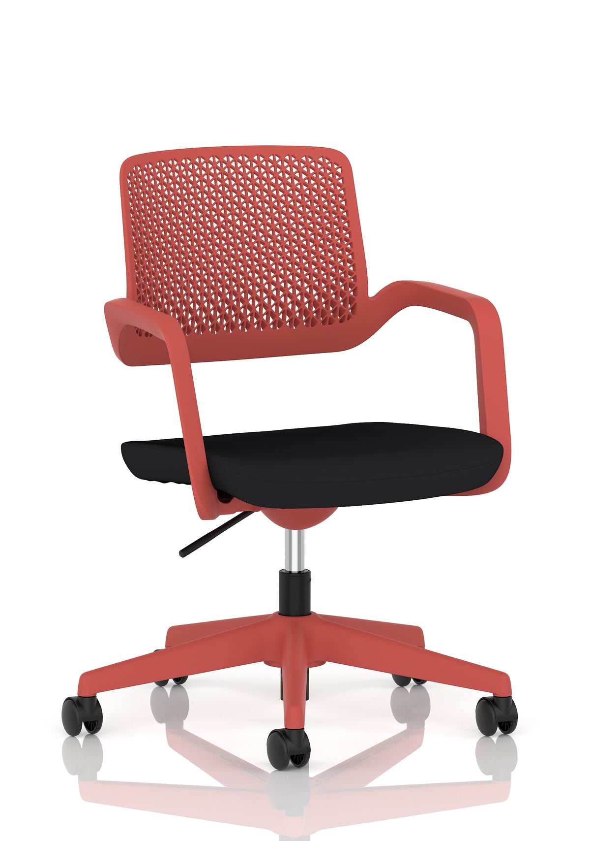 A modern black and red mesh office chair with armrests, a padded seat, and a five-wheel base, shown on a clean white background with a subtle reflection.