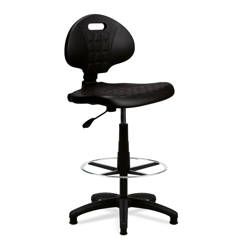 Black adjustable polyurethane draughtsman chair on a white background