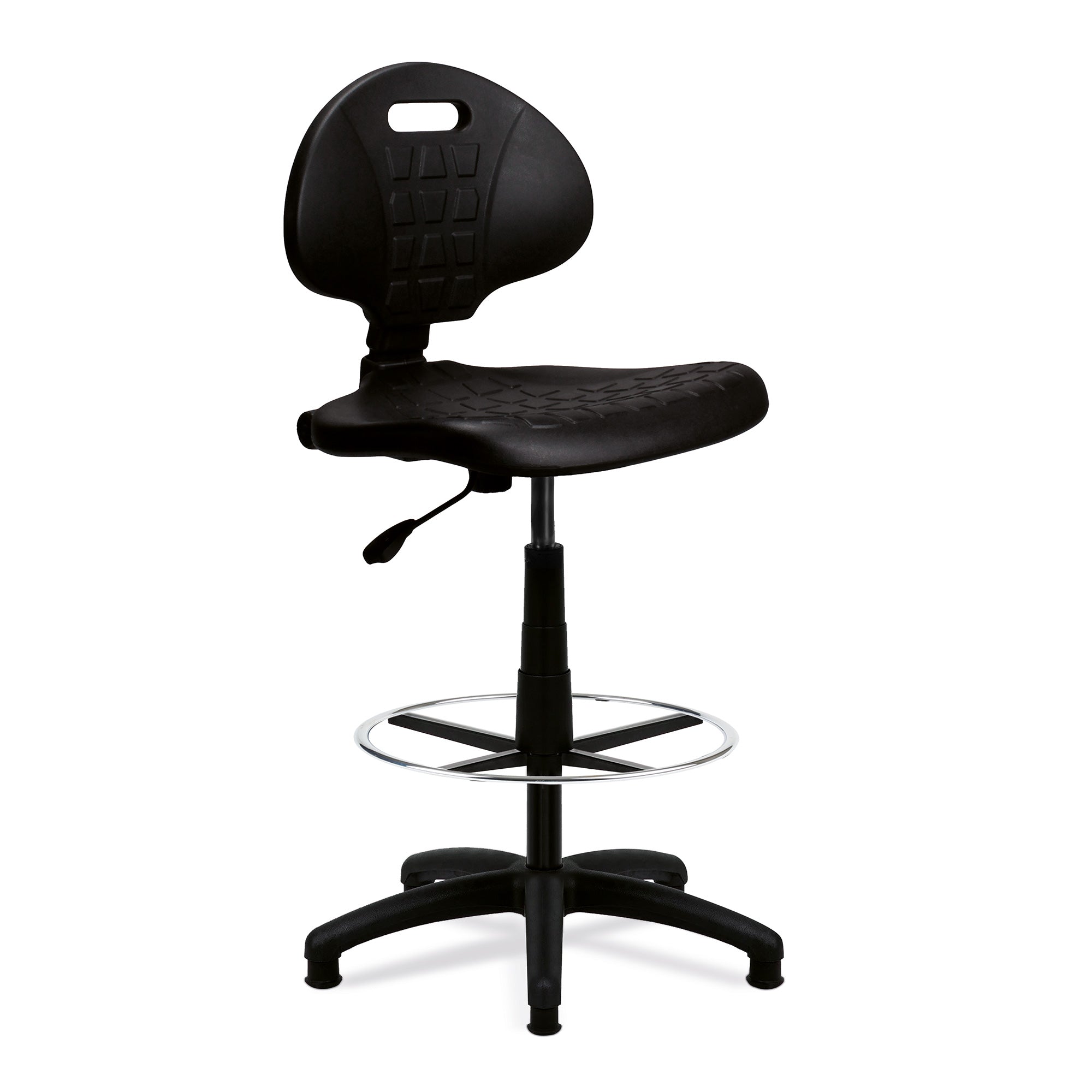 Black adjustable polyurethane draughtsman chair on a white background