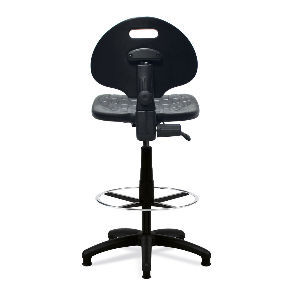 Black adjustable polyurethane draughtsman chair on a white background
