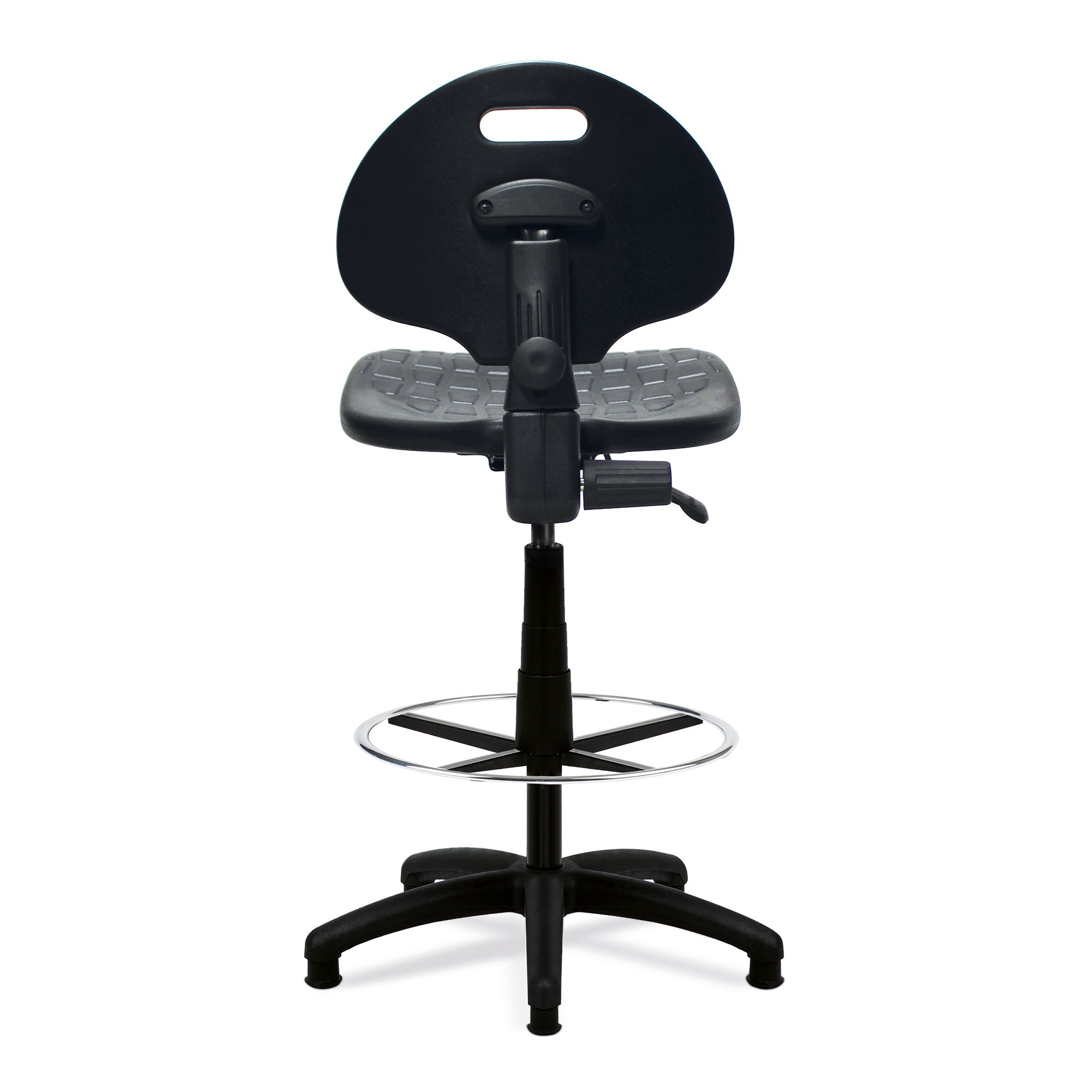 Black adjustable polyurethane draughtsman chair on a white background