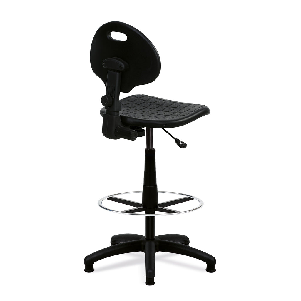 Black adjustable polyurethane draughtsman chair on a white background