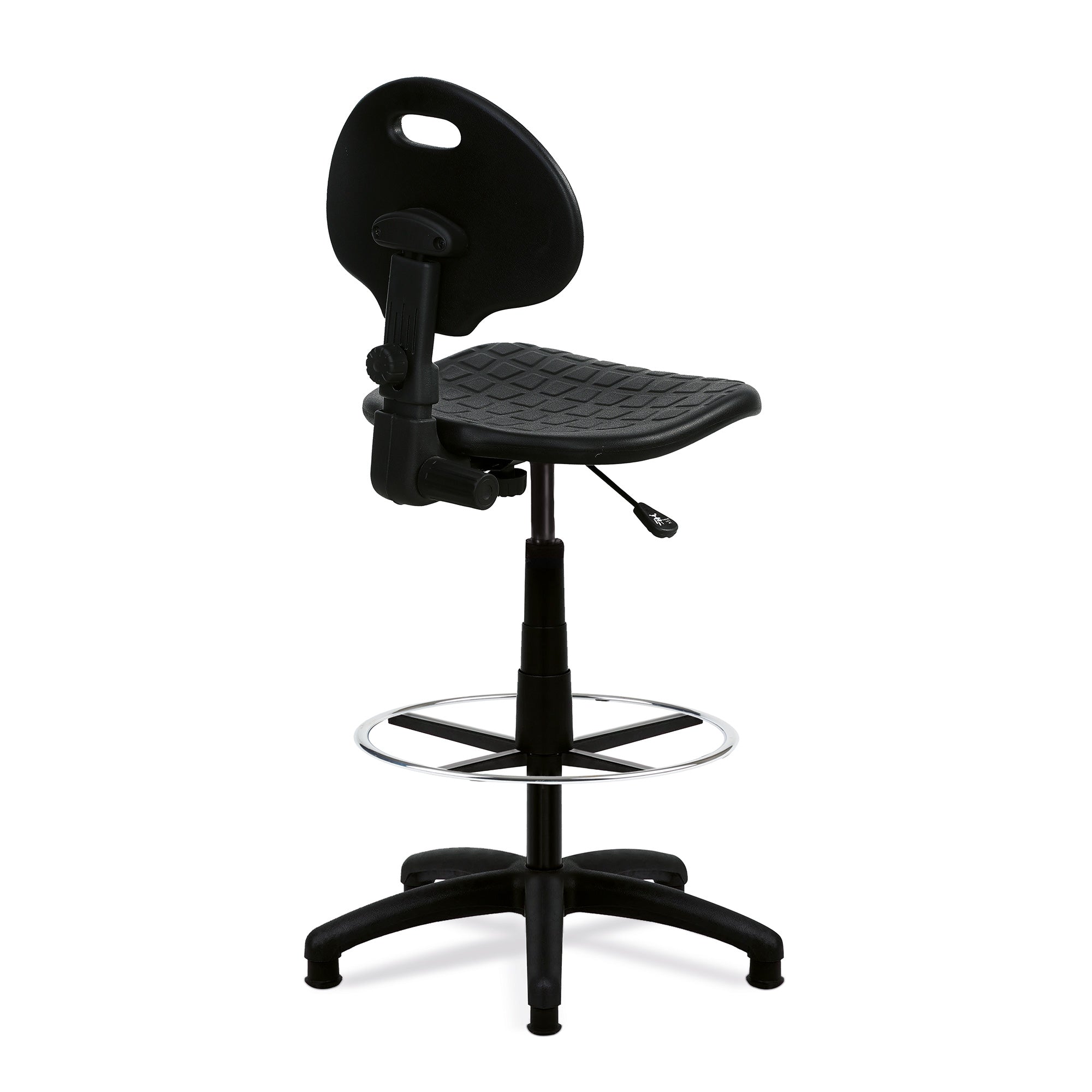 Black adjustable polyurethane draughtsman chair on a white background