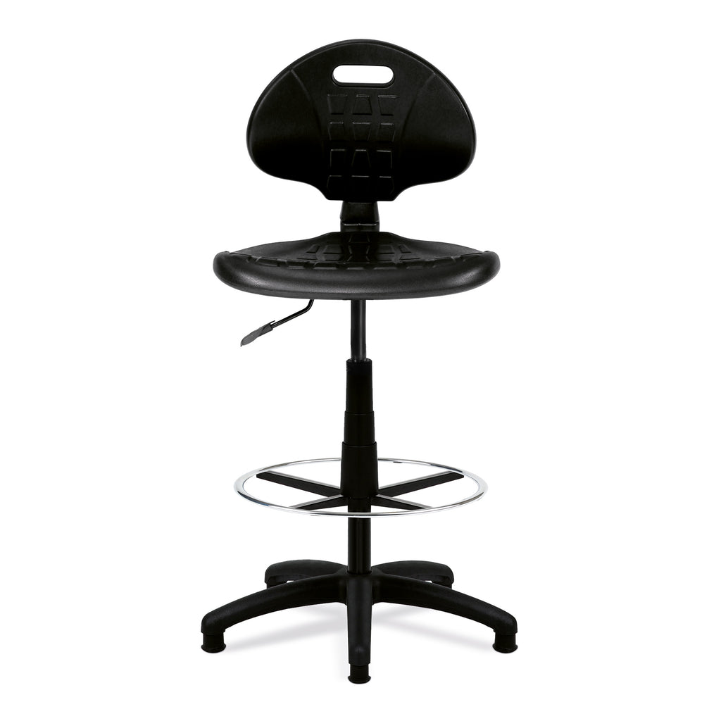 Black adjustable polyurethane draughtsman chair on a white background