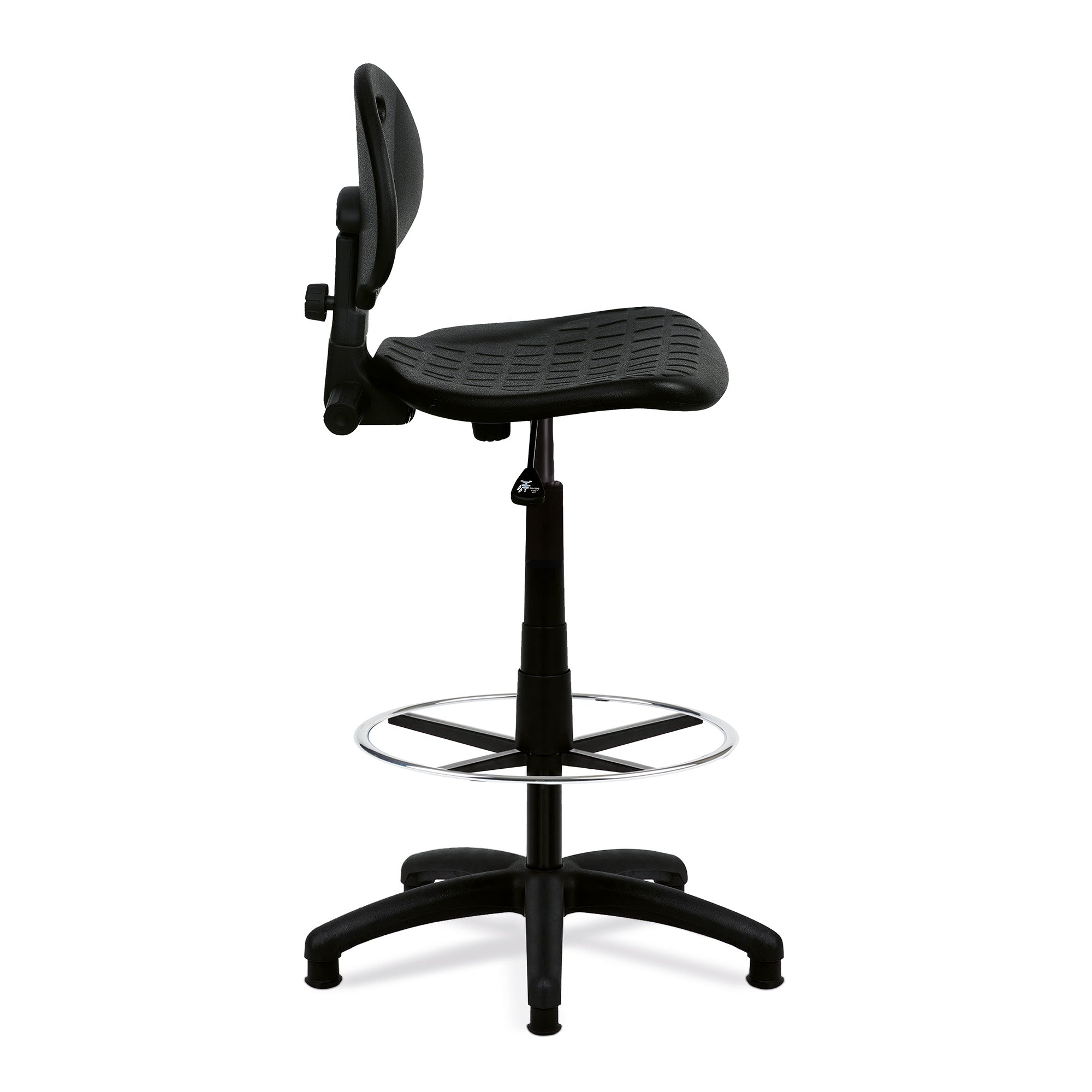 Black adjustable polyurethane draughtsman chair on a white background