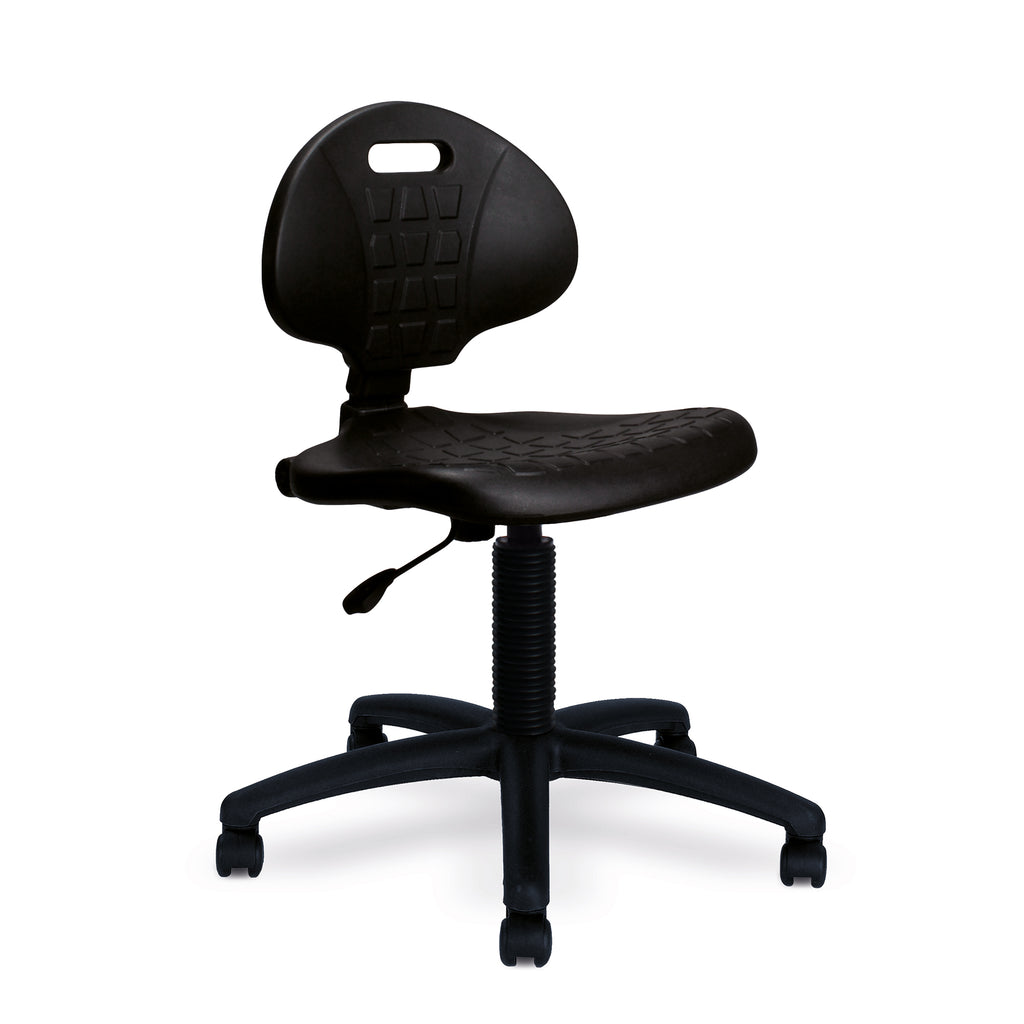 Black polyurethane office chair on a white background