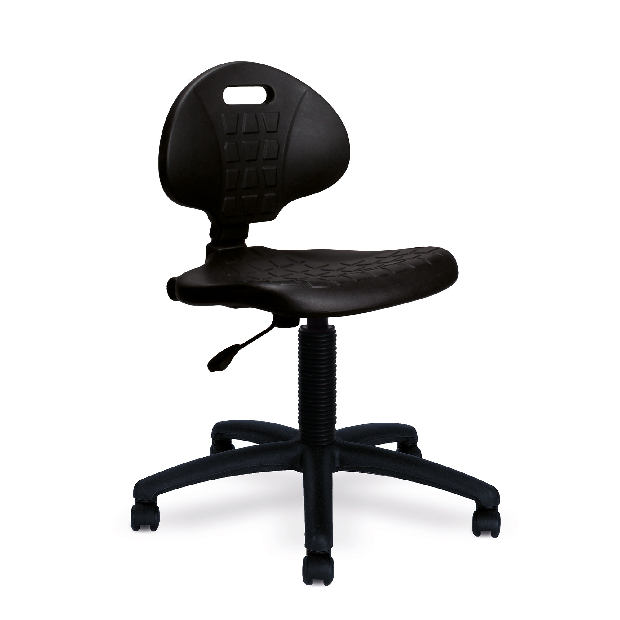 Black polyurethane office chair on a white background