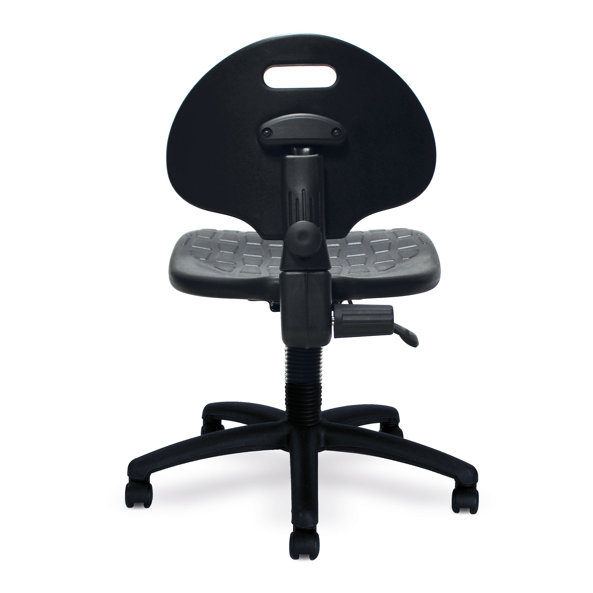 Black polyurethane office chair on a white background