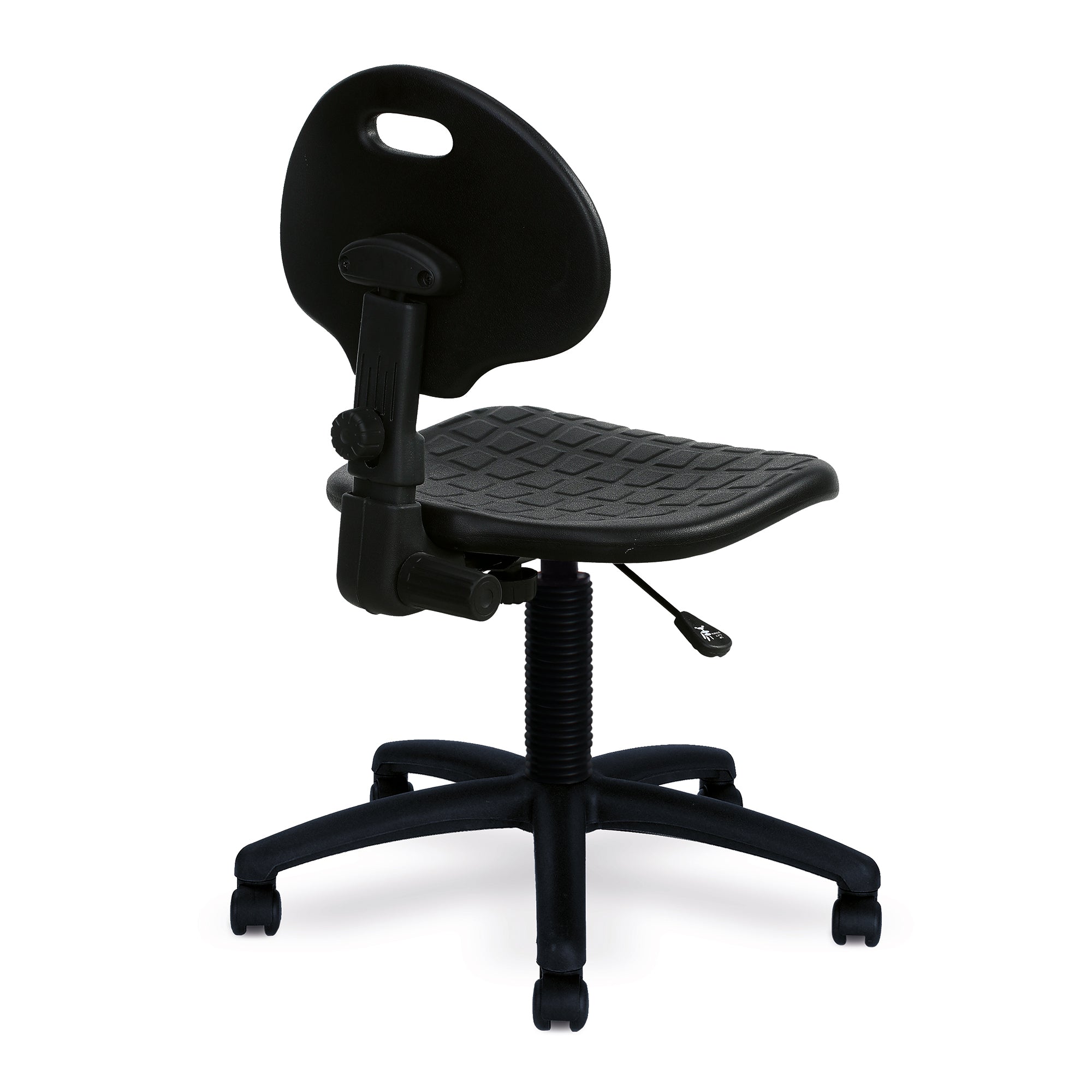 Black polyurethane office chair on a white background