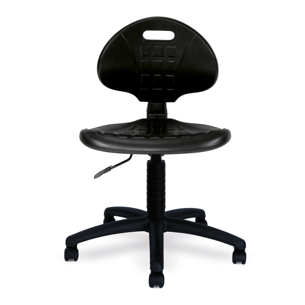 Black polyurethane office chair on a white background