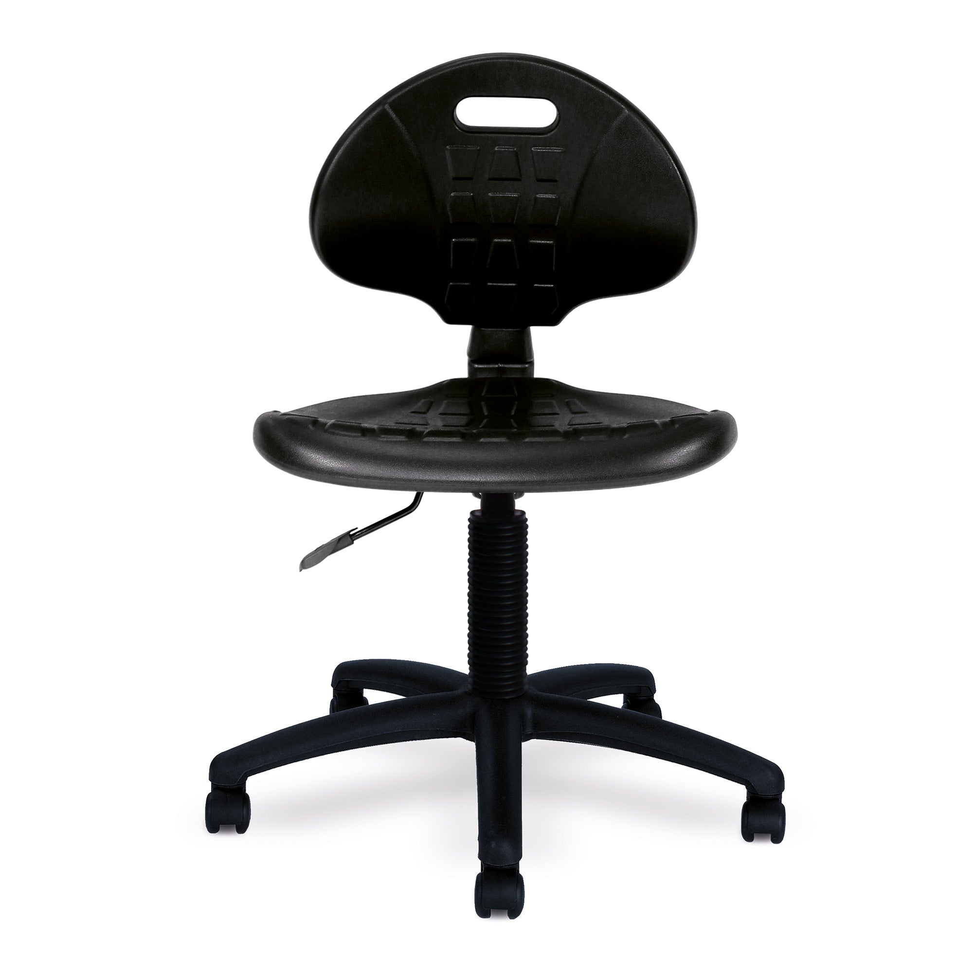 Black polyurethane office chair on a white background