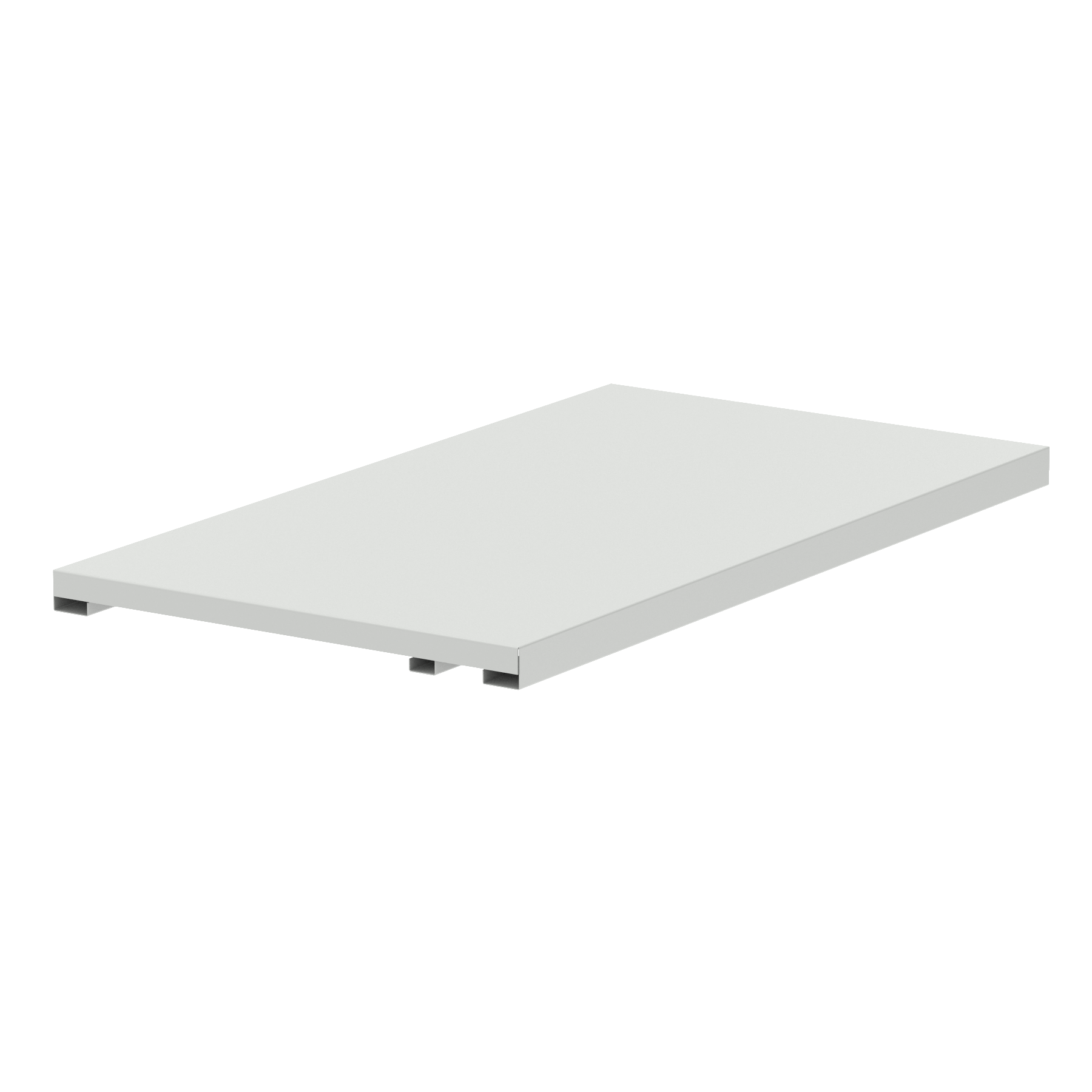 Rectangular light grey shelf on a white background