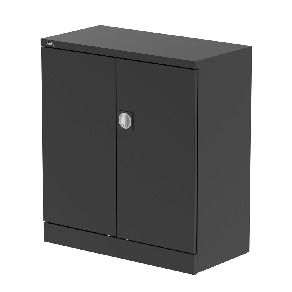 Black storage cabinet with a door on a white background
