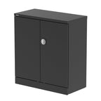 Black storage cabinet with a door on a white background