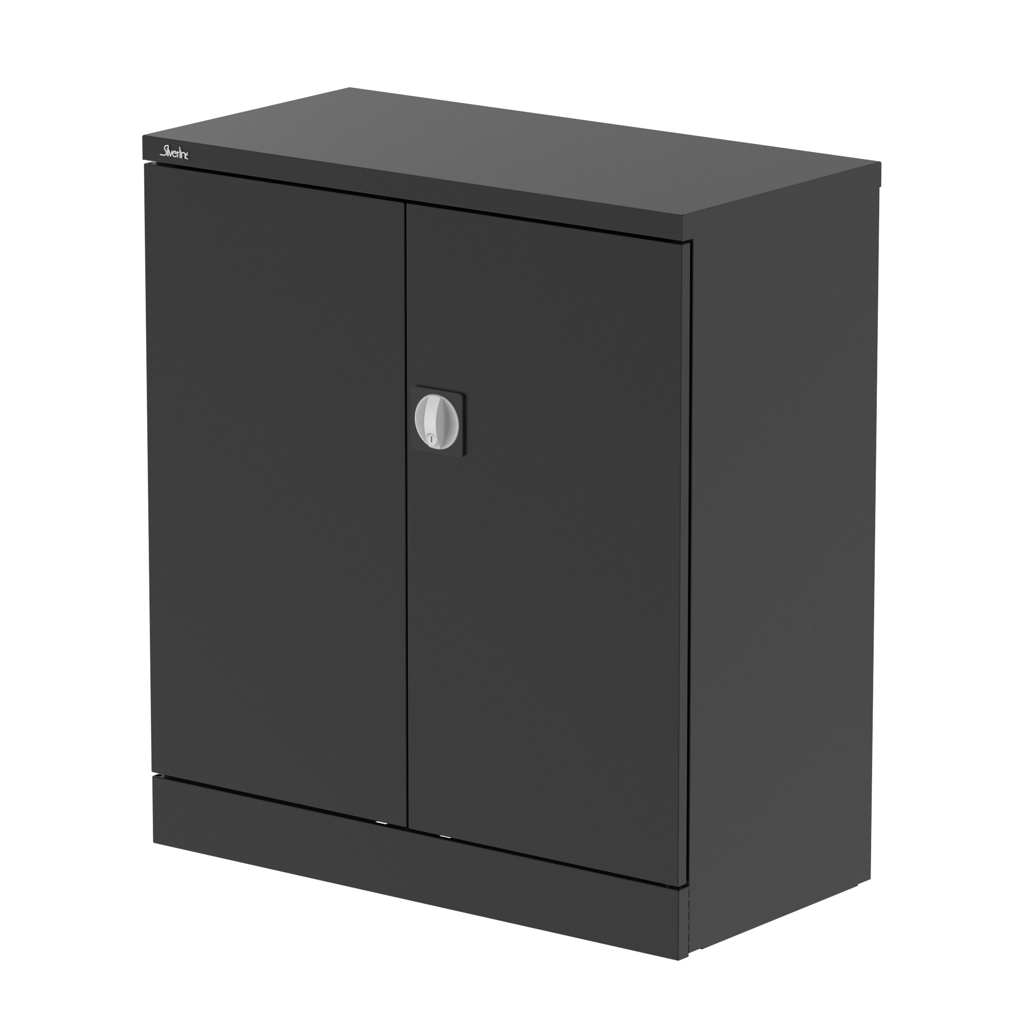 Black storage cabinet with a door on a white background