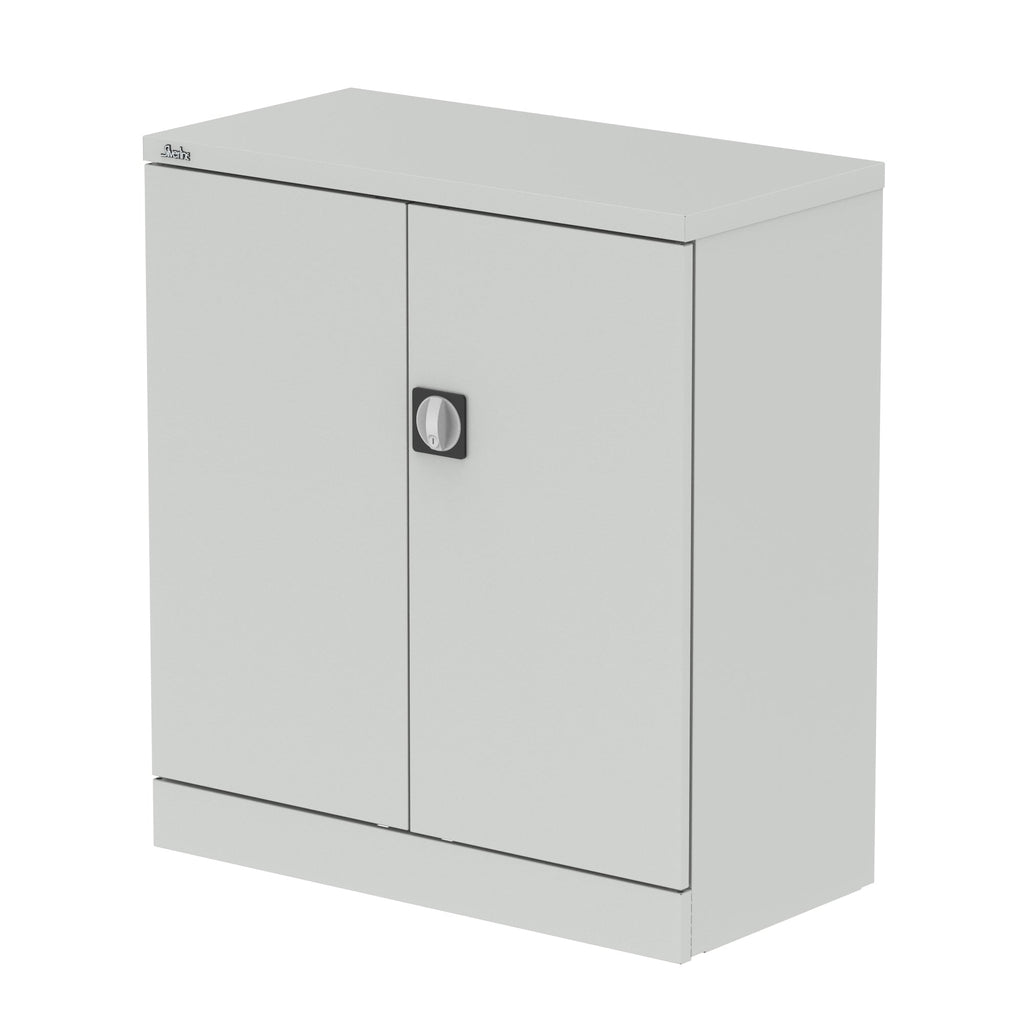 Grey storage cabinet with a door on a white background