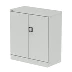Grey storage cabinet with a door on a white background