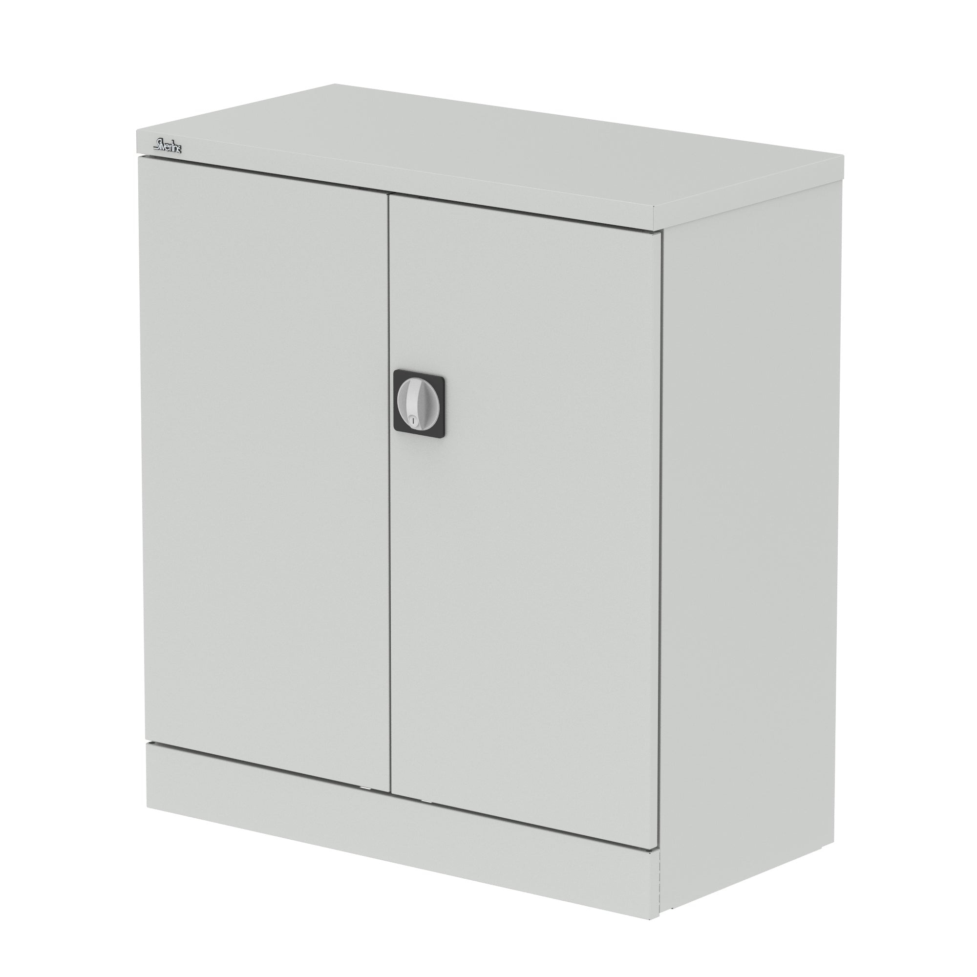 Grey storage cabinet with a door on a white background