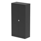Black storage cabinet with a door on a white background
