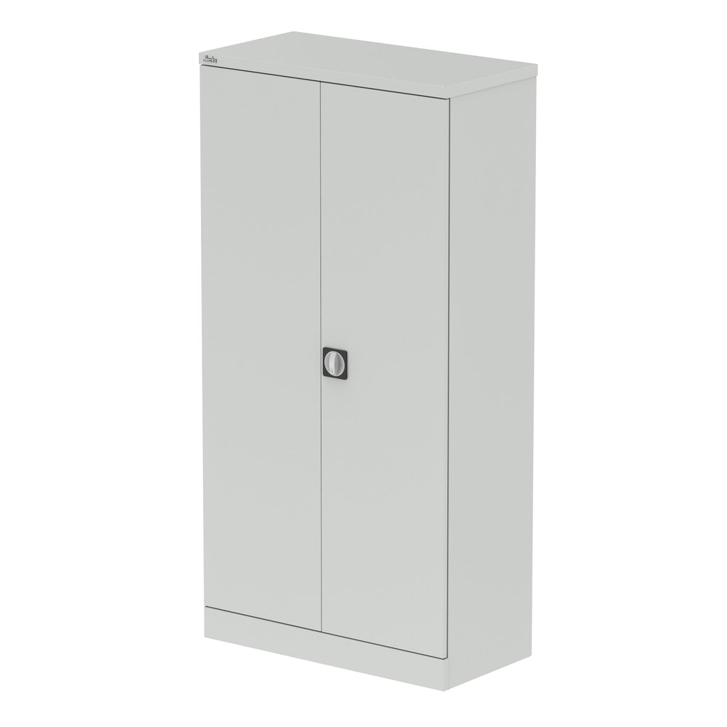 Grey storage cabinet with a door on a white background