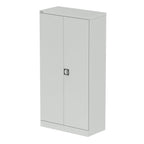Grey storage cabinet with a door on a white background