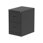 Black two-drawer filing cabinet on a white background