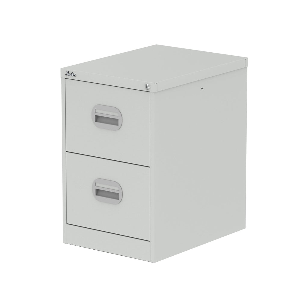 Grey two-drawer filing cabinet on a white background