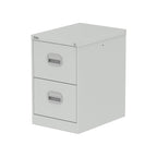 Grey two-drawer filing cabinet on a white background