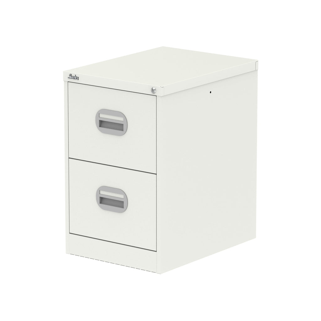 White two-drawer filing cabinet on a white background