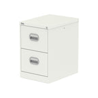 White two-drawer filing cabinet on a white background