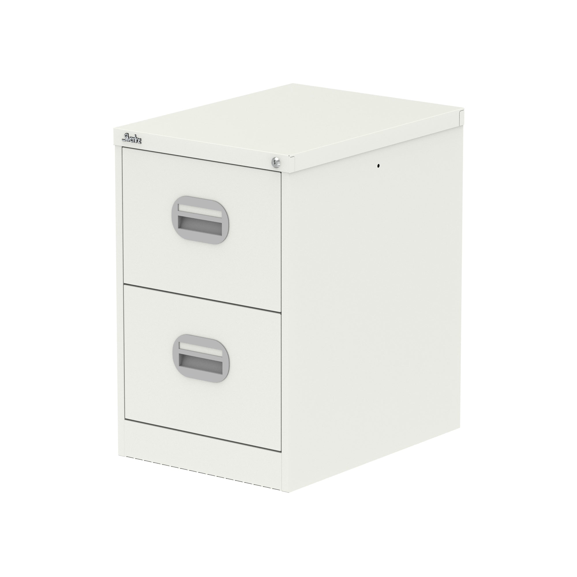 White two-drawer filing cabinet on a white background