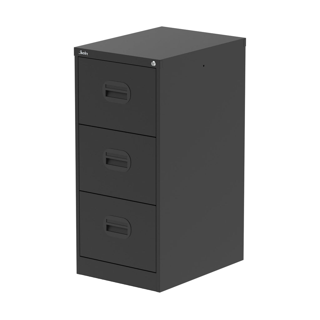 Black three-drawer filing cabinet on a white background