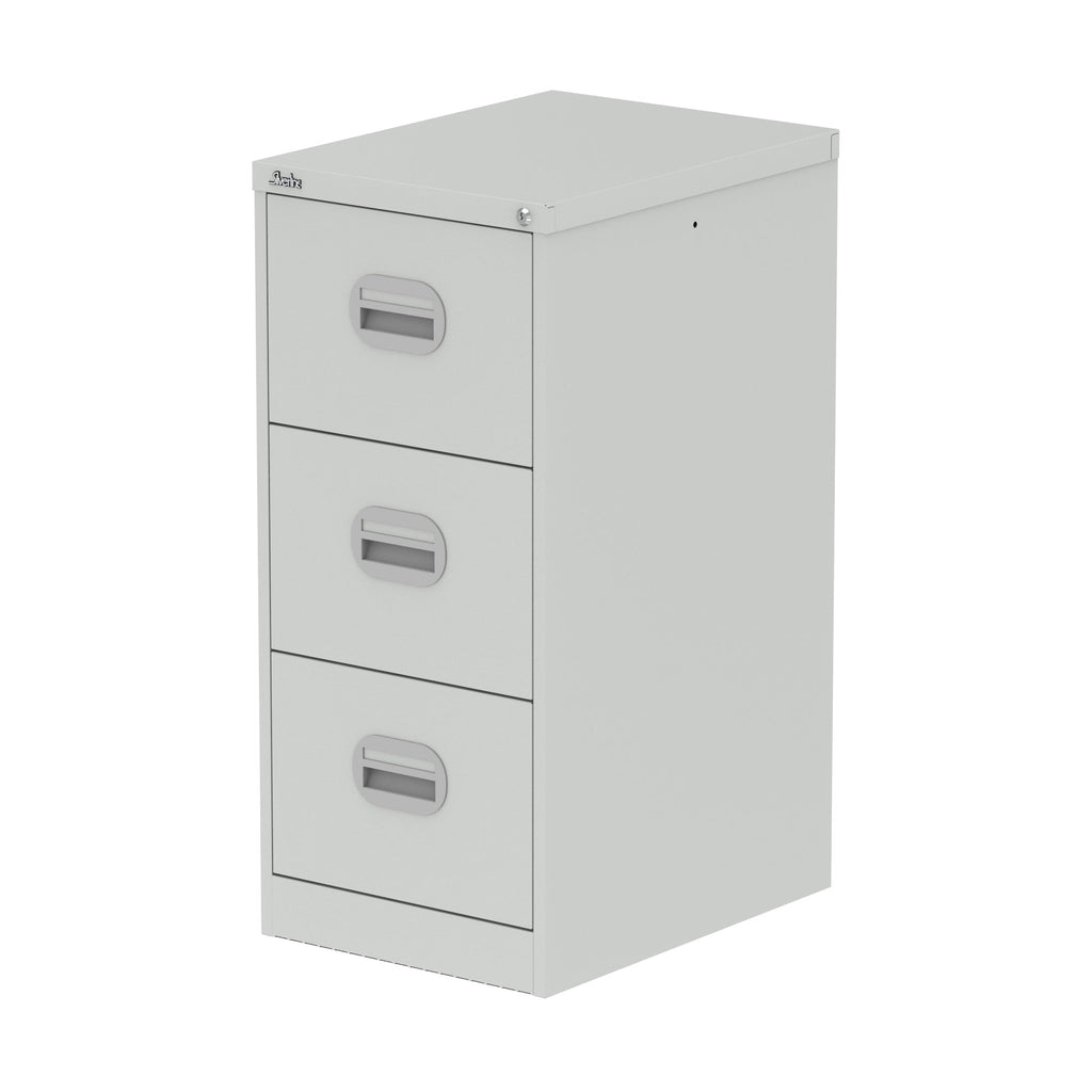 Grey three-drawer filing cabinet on a white background