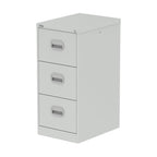 Grey three-drawer filing cabinet on a white background