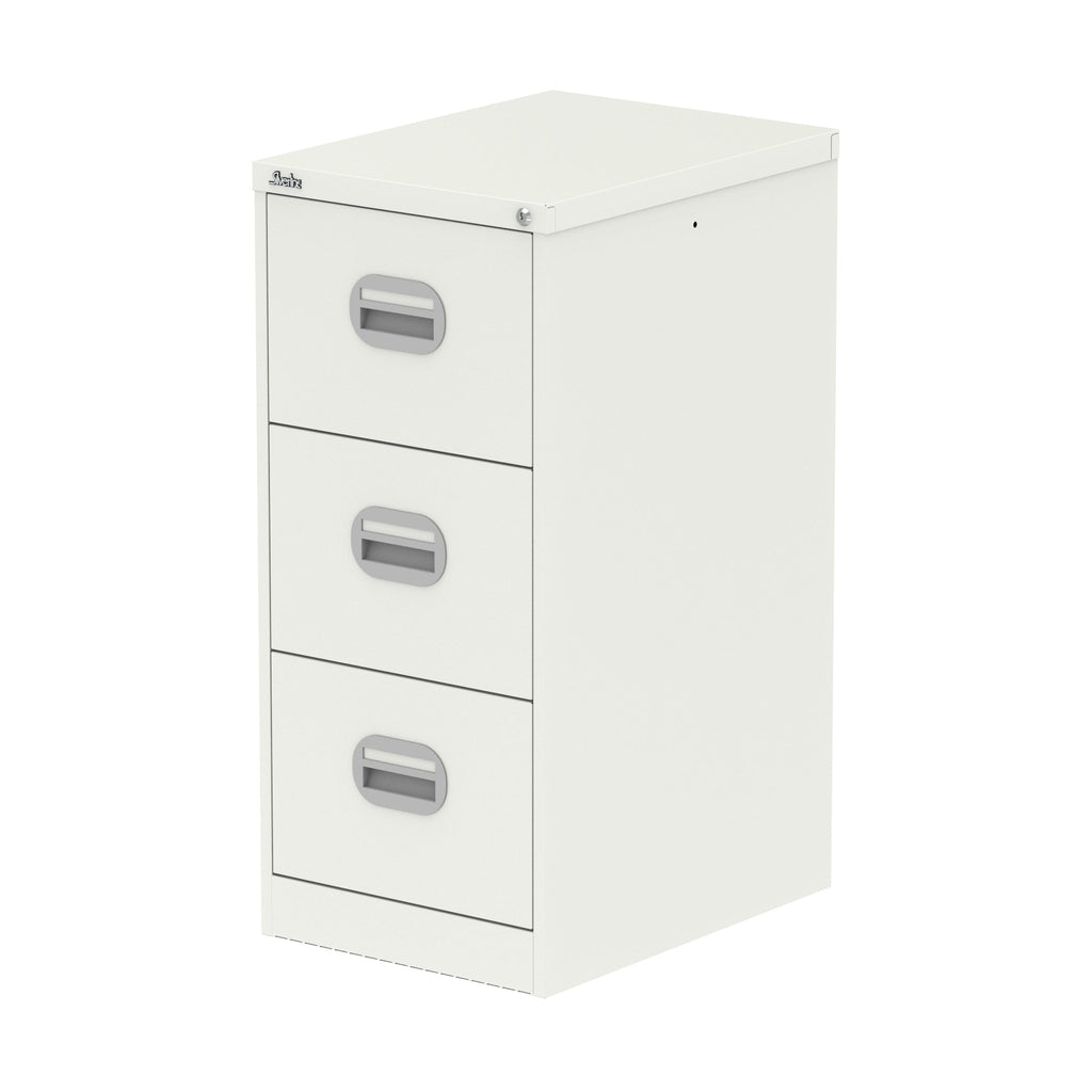 White three-drawer filing cabinet on a white background