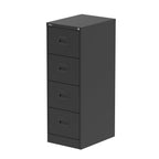 Black four-drawer filing cabinet on a white background
