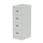 Grey four-drawer filing cabinet on a white background
