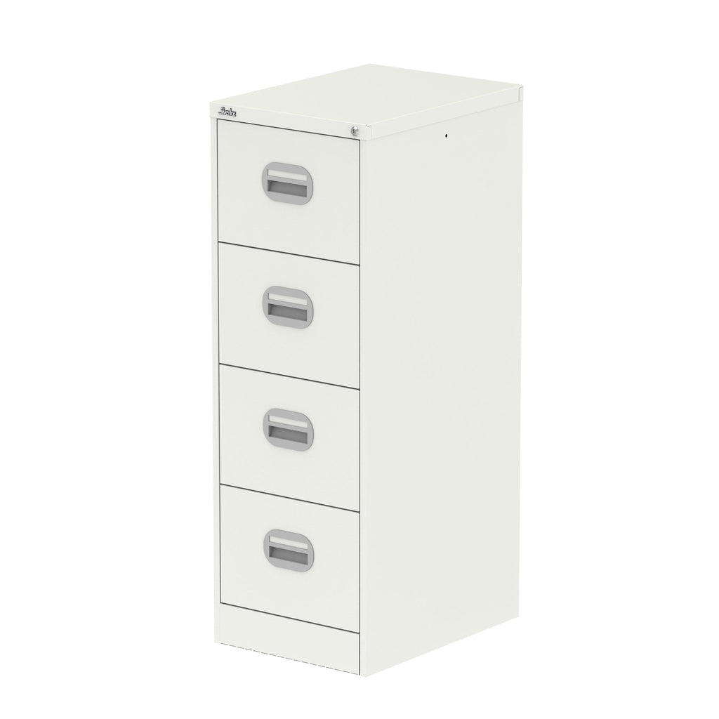 White four-drawer filing cabinet on a white background