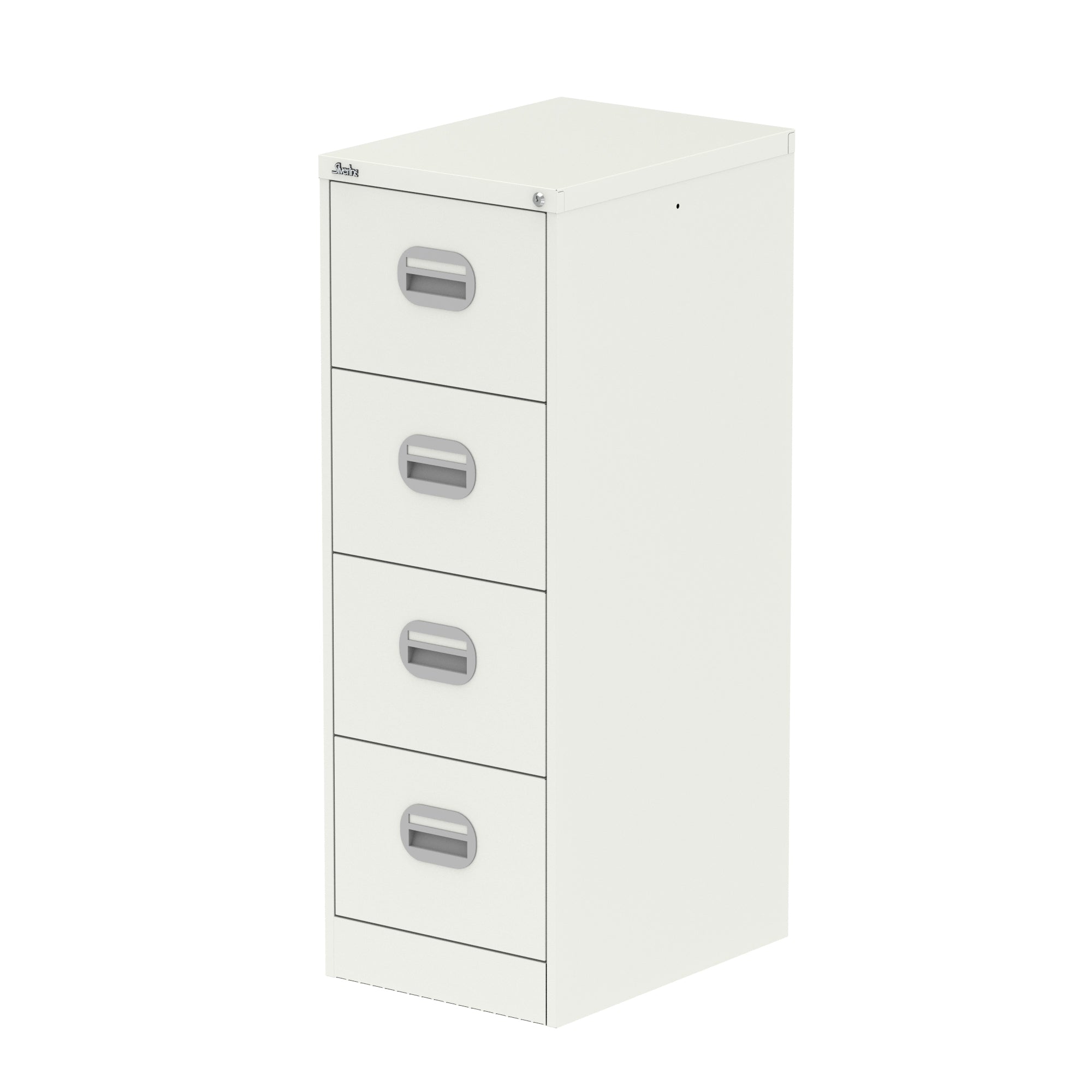 White four-drawer filing cabinet on a white background