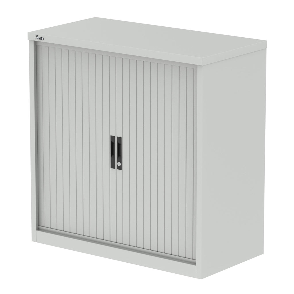 Grey metal cabinet with a tambour door on a white background
