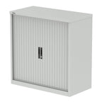 Grey metal cabinet with a tambour door on a white background