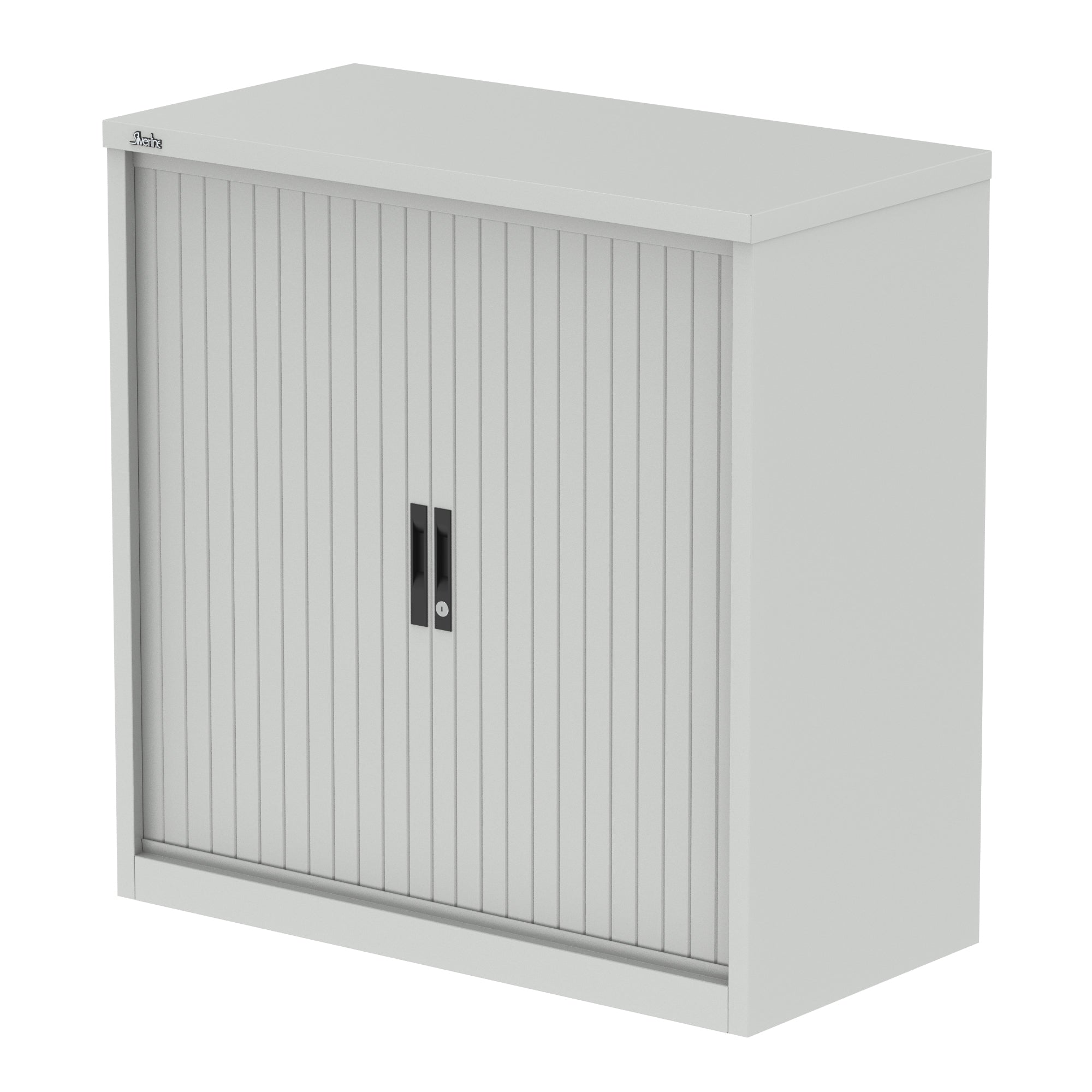 Grey metal cabinet with a tambour door on a white background