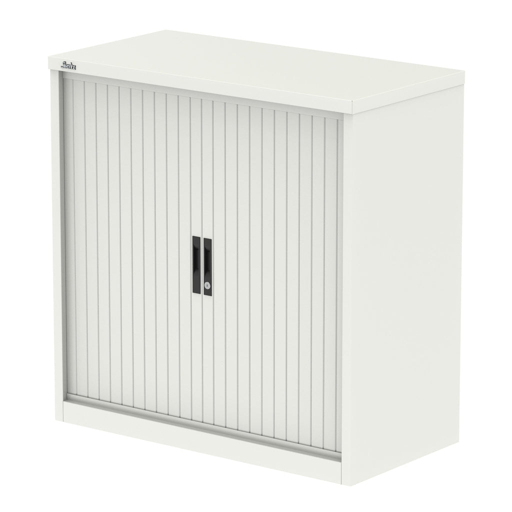 White metal cabinet with a tambour door on a white background