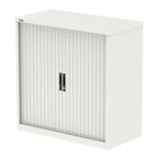 White metal cabinet with a tambour door on a white background