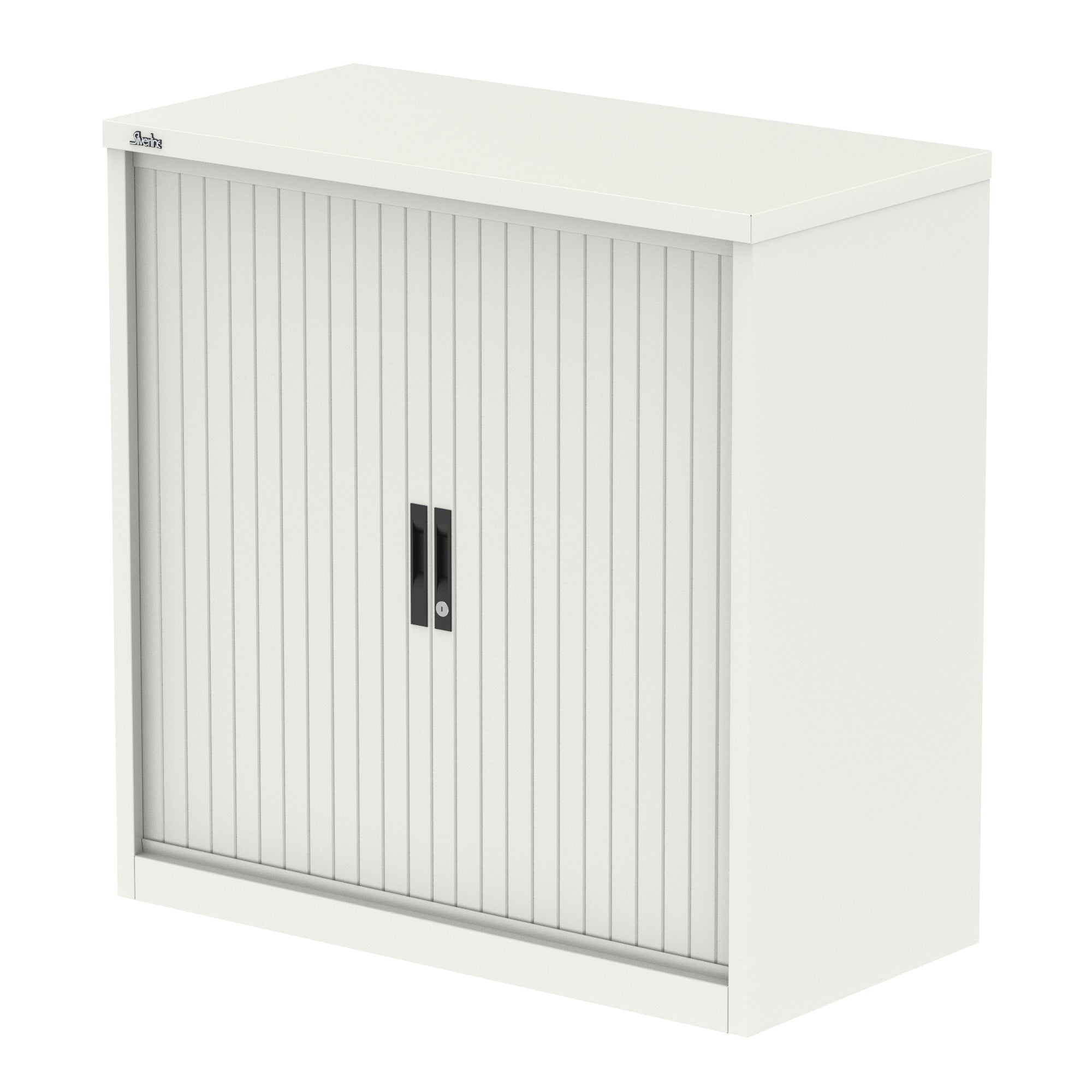 White metal cabinet with a tambour door on a white background