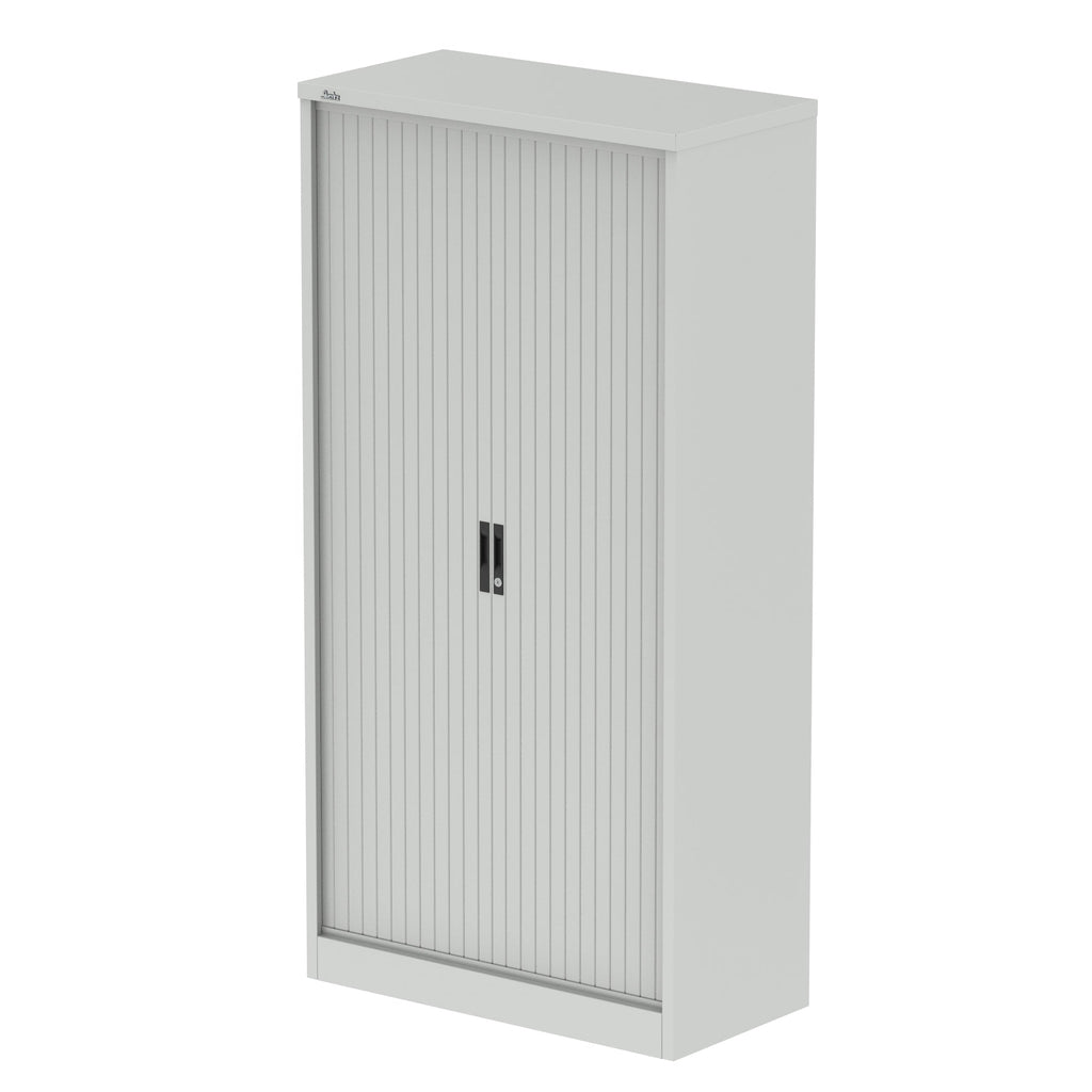Grey metal cabinet with a tambour door on a white background