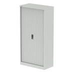 Grey metal cabinet with a tambour door on a white background